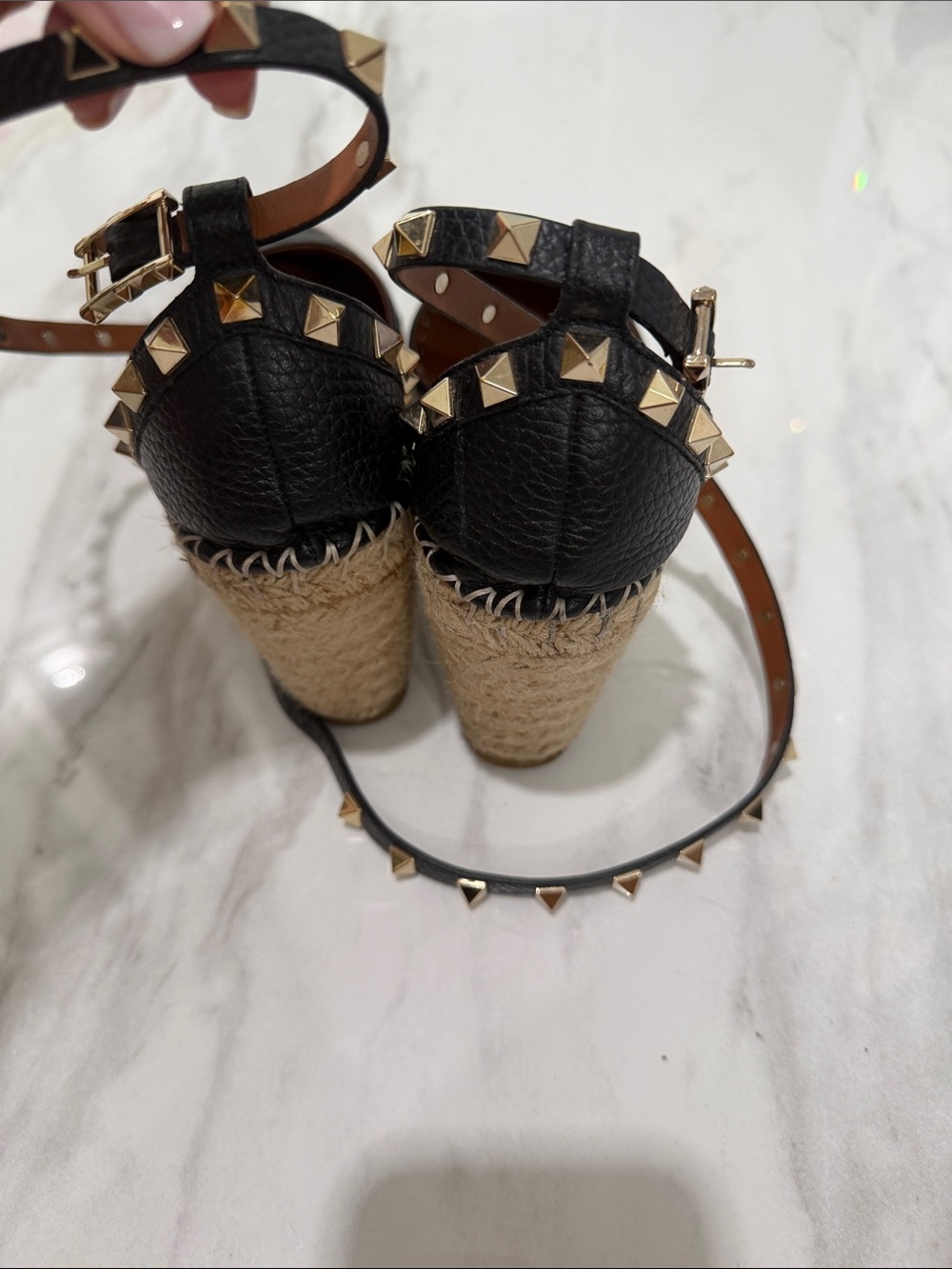 Valentino Garavani Black Leather Studded Espadrille Wedge Sandals - Picture 5 of 8